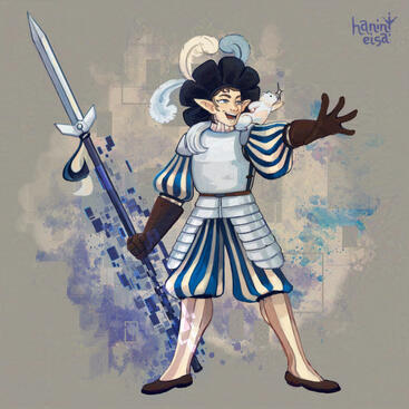Plem&#39;Astyrs, an elven polearm master in a flamboyant landesknecht knight suit. He weilds a Swardstaff (a sword with a staff handle), and has a white ferret called Rociante on his shoulder.