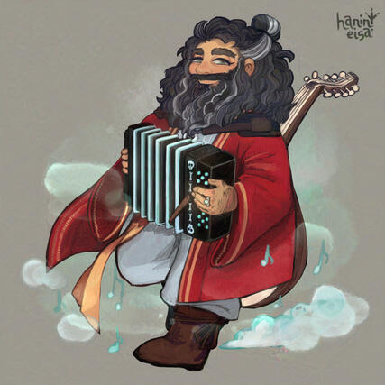 Saf, a dwarven spirit bard, wearing comfortable robes, and is playing the accordion while ghostly notes play. He also slings a lute on his back.