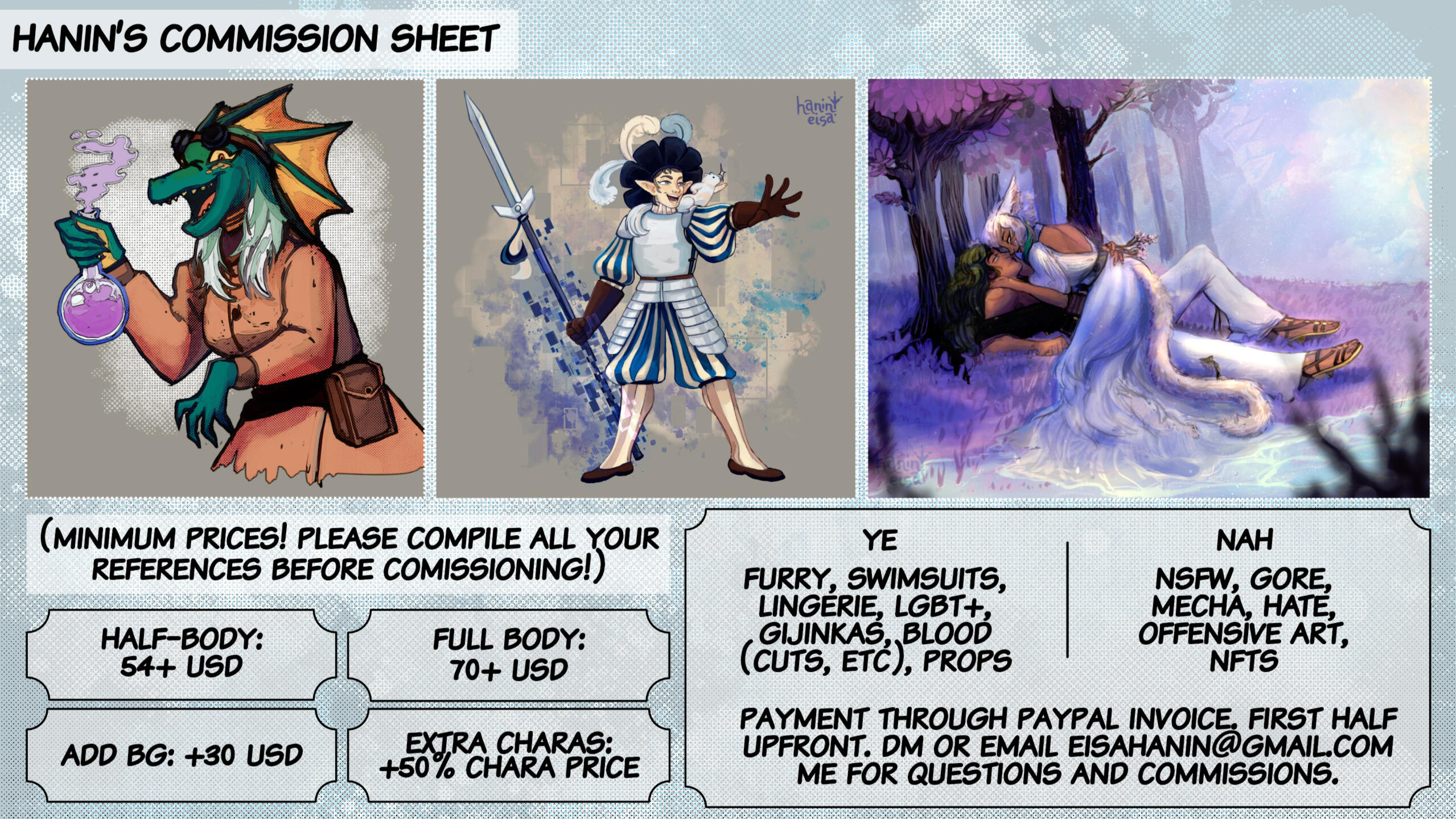 Commission sheet. Prices listed are minimum. Please compile all references before commissioning! Half-body 54+ USD, Full Body 70+ USD, Add BG +30 USD, Extra Characters +50% of Chara price. Yes to Furry, Swimsuits, Lingerie, Ginjikas, Blood, Props. No to No