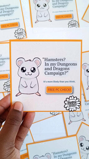 A white hamster with a text next to them saying, "Hamsters? In *my* Dungeons and Dragons Campaign? It's more likely than you think." An orange button with "Free PC Check!"