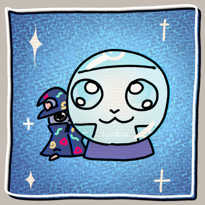 A Wizard Hamster in a retro-patterned robe and hat is standing behind a giant crystal ball, with their face reflecting through. The hamster is surrounded by a blue ripple and scanlines, and hand drawn sparkles.