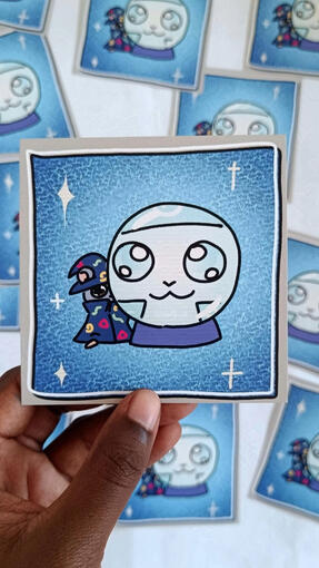 A Wizard Hamster in a retro-patterned robe and hat is standing behind a giant crystal ball, with their face reflecting through. The hamster is surrounded by a blue ripple and scanlines, and hand drawn sparkles.