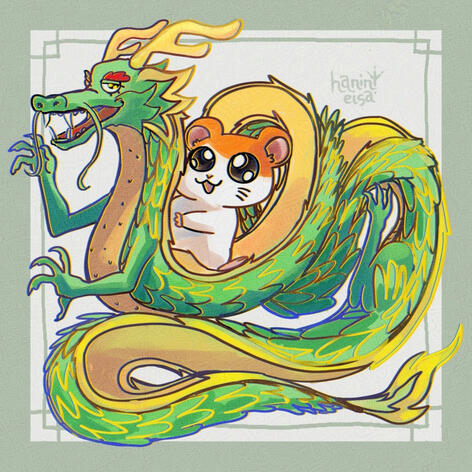 Chinese New Year 2024. Hamtaro is riding a green dragon.