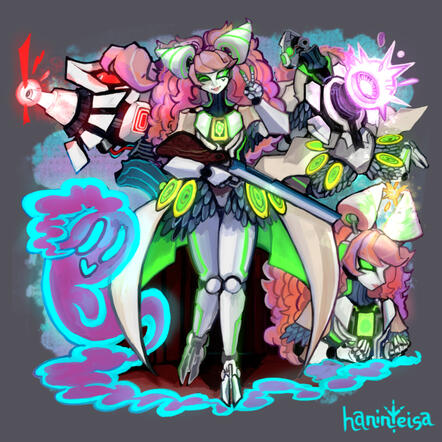 GYARU A Warforged (robot) with a rifle, big exaggerated girly makeup, surrounded by ghosts and green light.